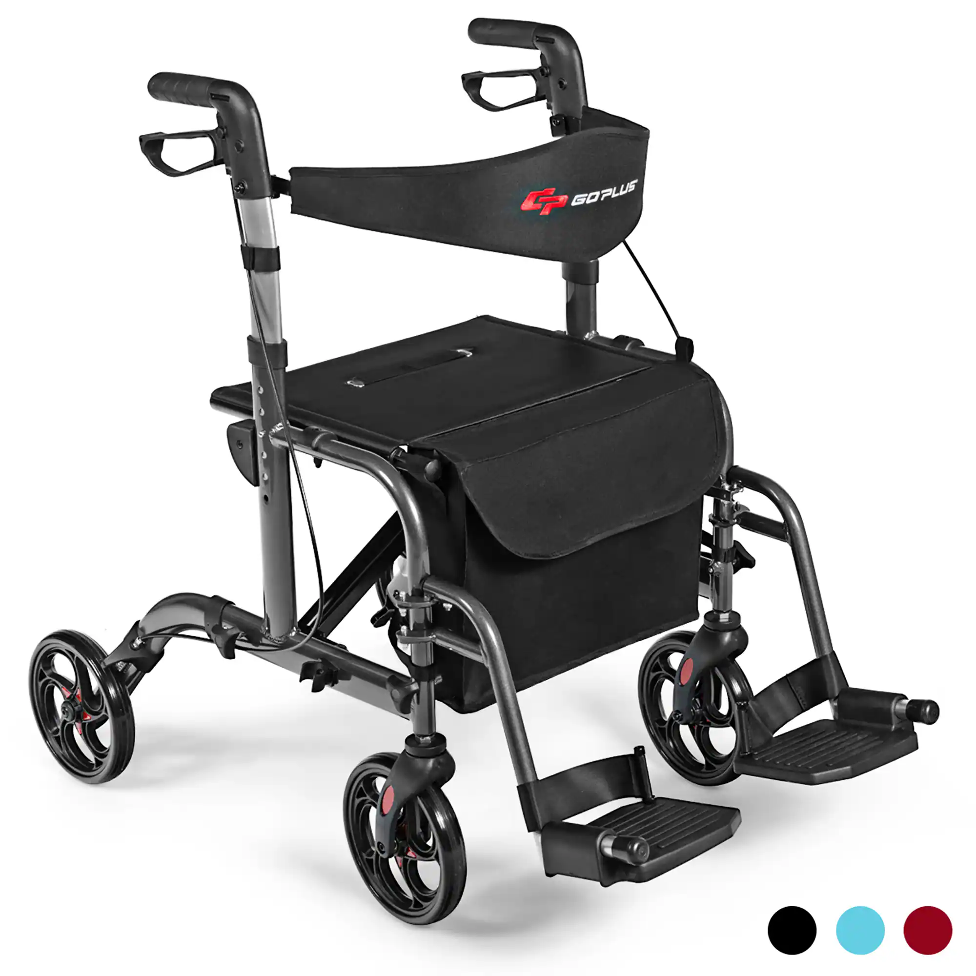 Costway - Folding Medical Rollator Walker Aluminum Transport Chair Adjustable Handle - Black