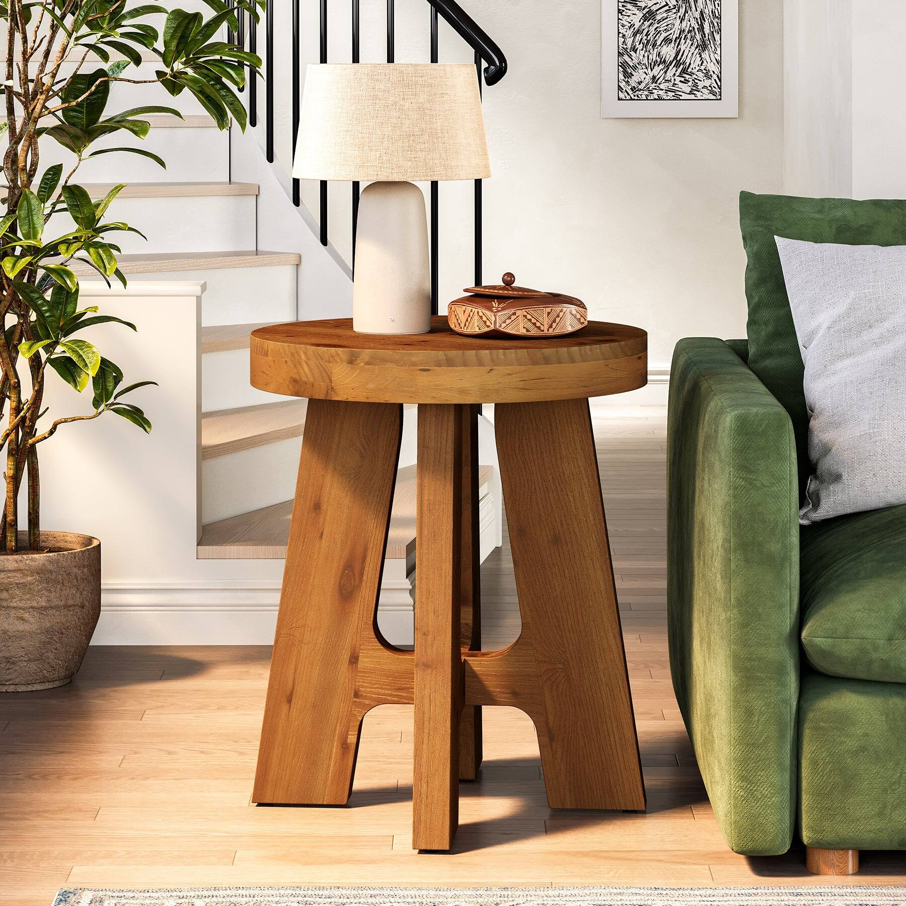 Front. Tribesigns - Solid Wood End Table with Wood Grain Finish and Space-Saving Design for Living Room and Bedroom - Brown.