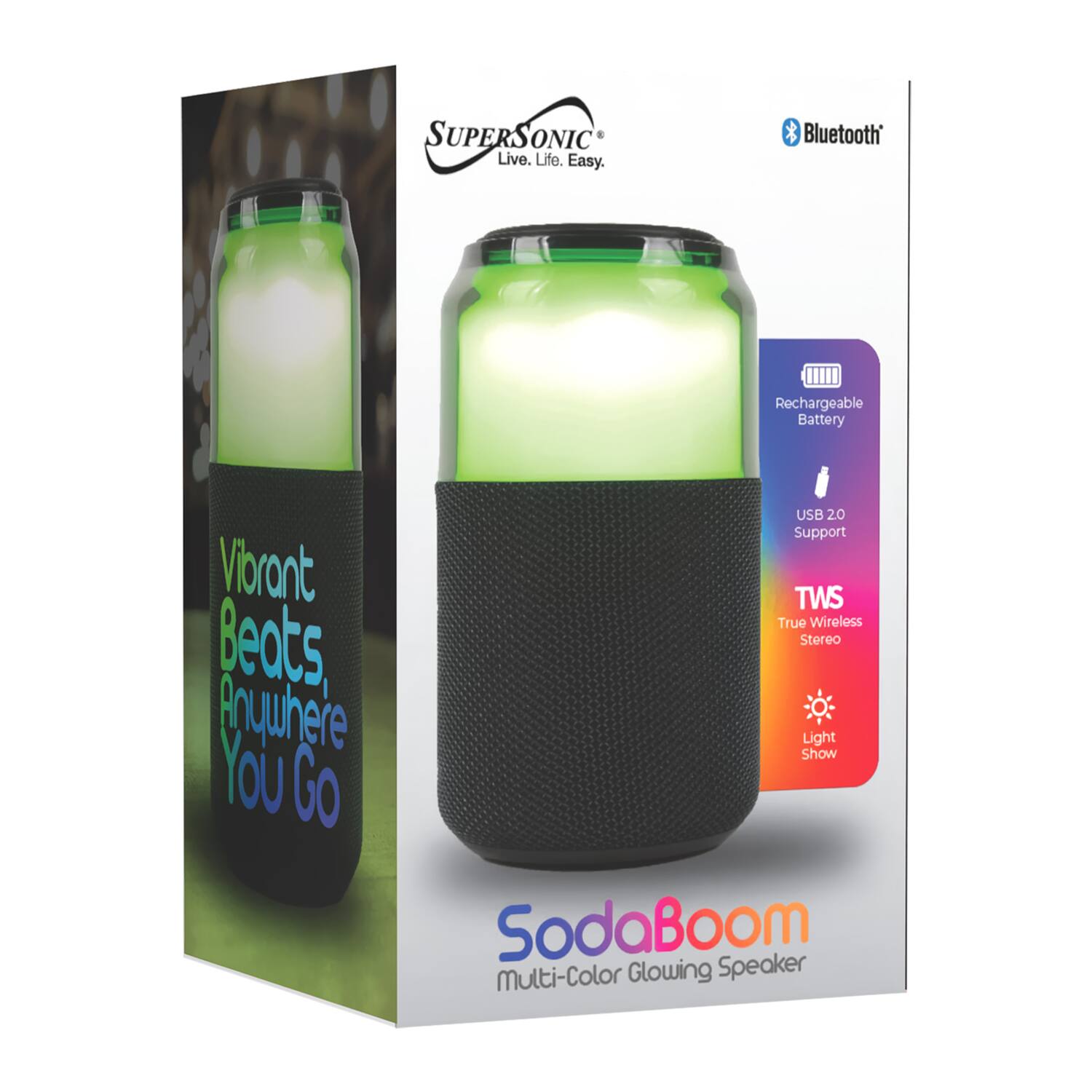 SUPERSONIC Live. Life. Easy.  
Bluetooth Rechargeable Battery USB 2.0 Support  
Vibrant Beats, Anywhere You Go  
TWS True Wireless Stereo  
Light Show  
Multi-Color Glowing Speaker  
SodaBoom
