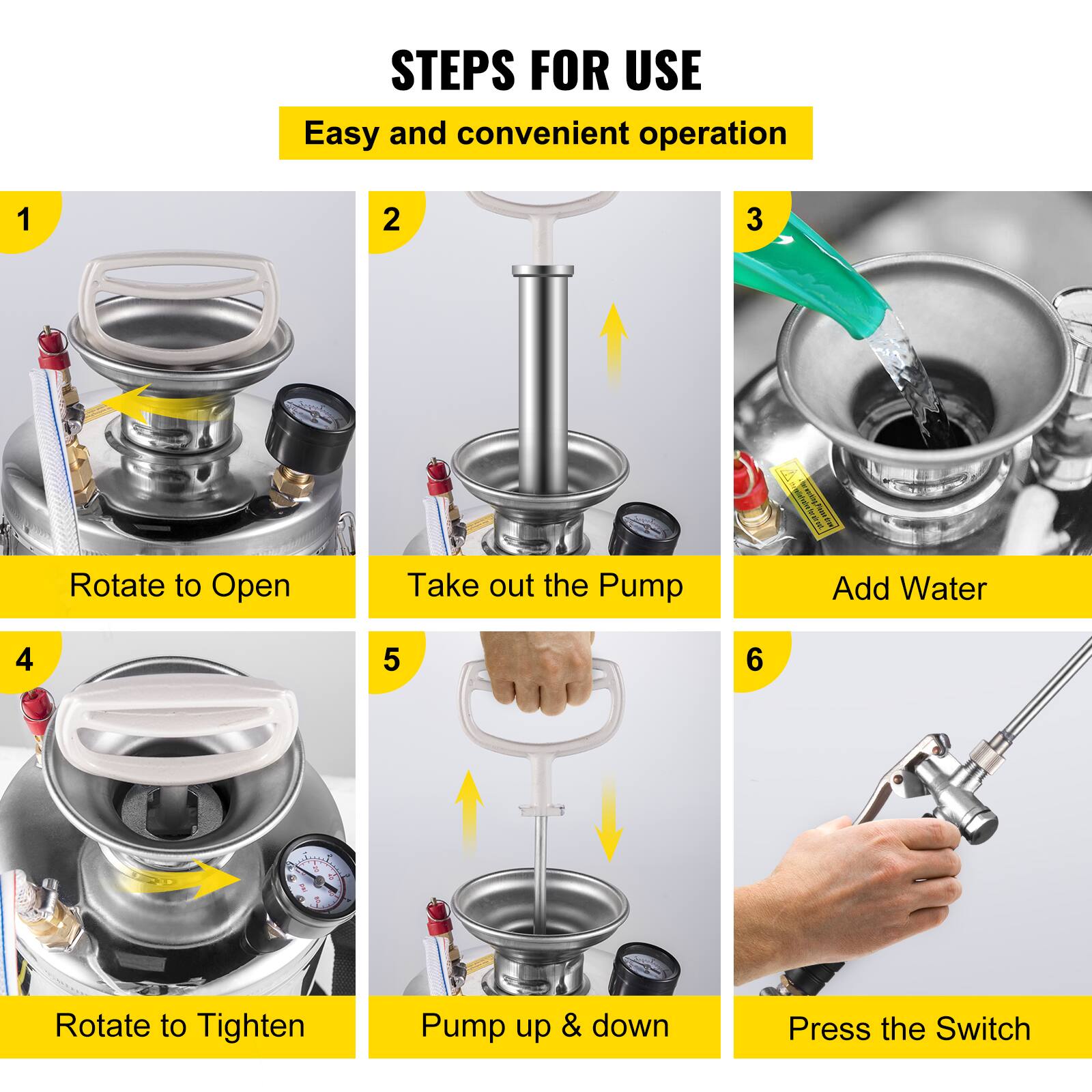 STEPS FOR USE  
Easy and convenient operation

1. Rotate to Open  
2. Take out the Pump  
3. Add Water  
4. Rotate to Tighten  
5. Pump up & down  
6. Press the Switch