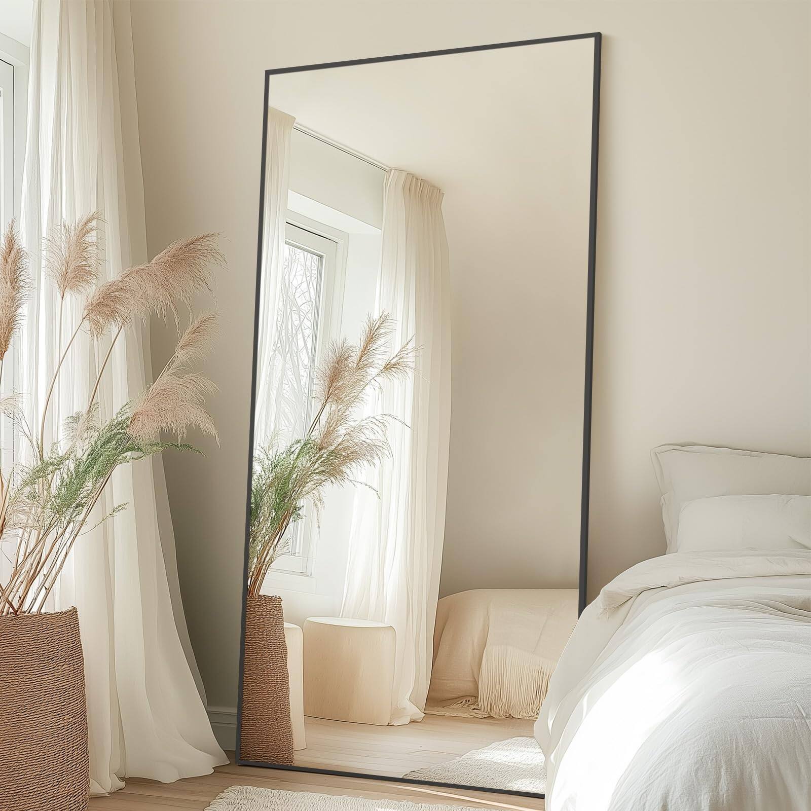 Front. Hanke - Large Arched Floor Mirror Full Length With Stand Hanging Or Leaning Standing For Bedroom Living Room Body - Black 71"L x 32"W.