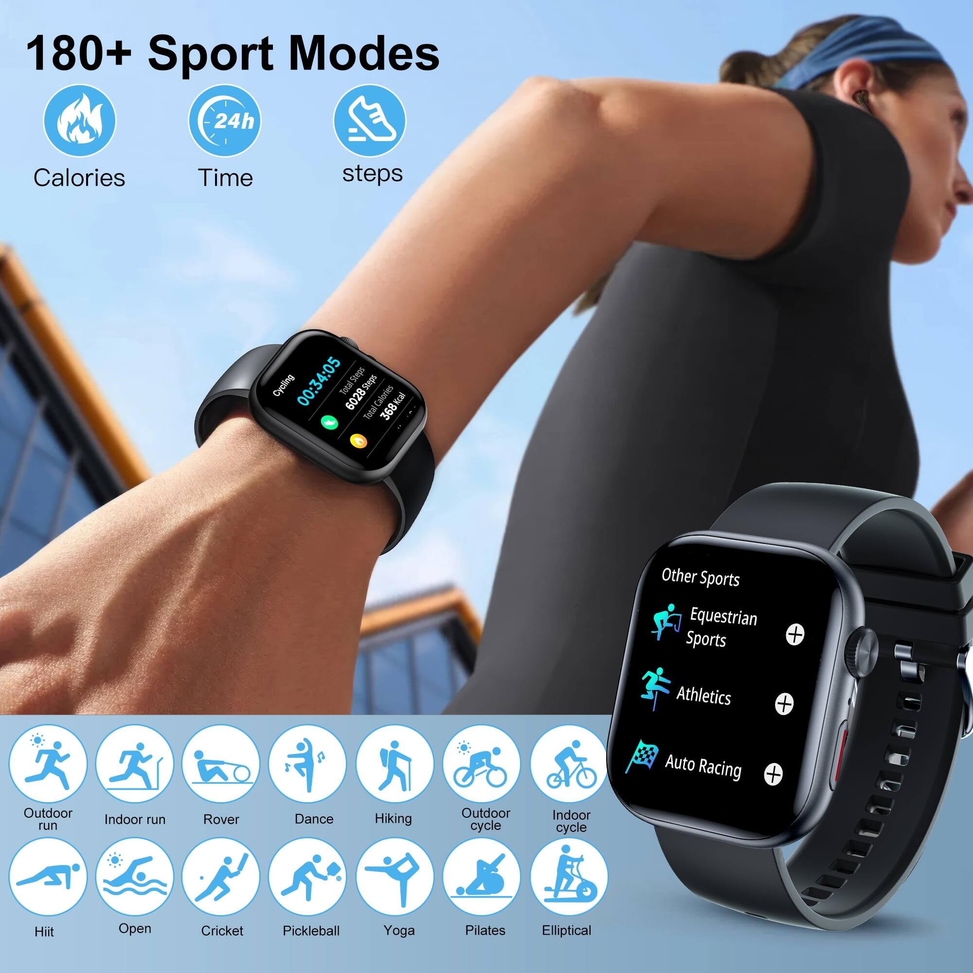 180+ Sport Modes  
24h Calories Time steps Cycling 00:34:05 TotalSteps Total 6028ps Steps TotalCalories Kcal Total 368 Other Sports Equestrian Sports Athletics + Auto Racing Outdoor run Indoor run Rover Dance Hiking Outdoor cycle Indoor cycle Hit Open Cricket Pickleball Yoga Pilates Elliptical