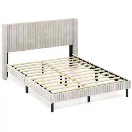 Front. Costway - Costway Queen Size Velvet Bed Frame Upholstered Platform Bed with Wingback Headboard - White.