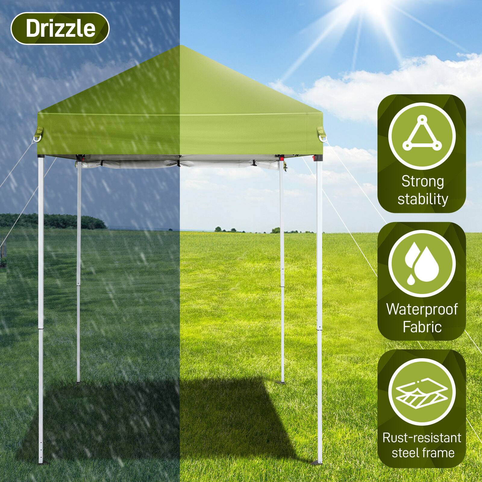 Drizzle  
Strong stability  
Waterproof Fabric  
Rust-resistant steel frame