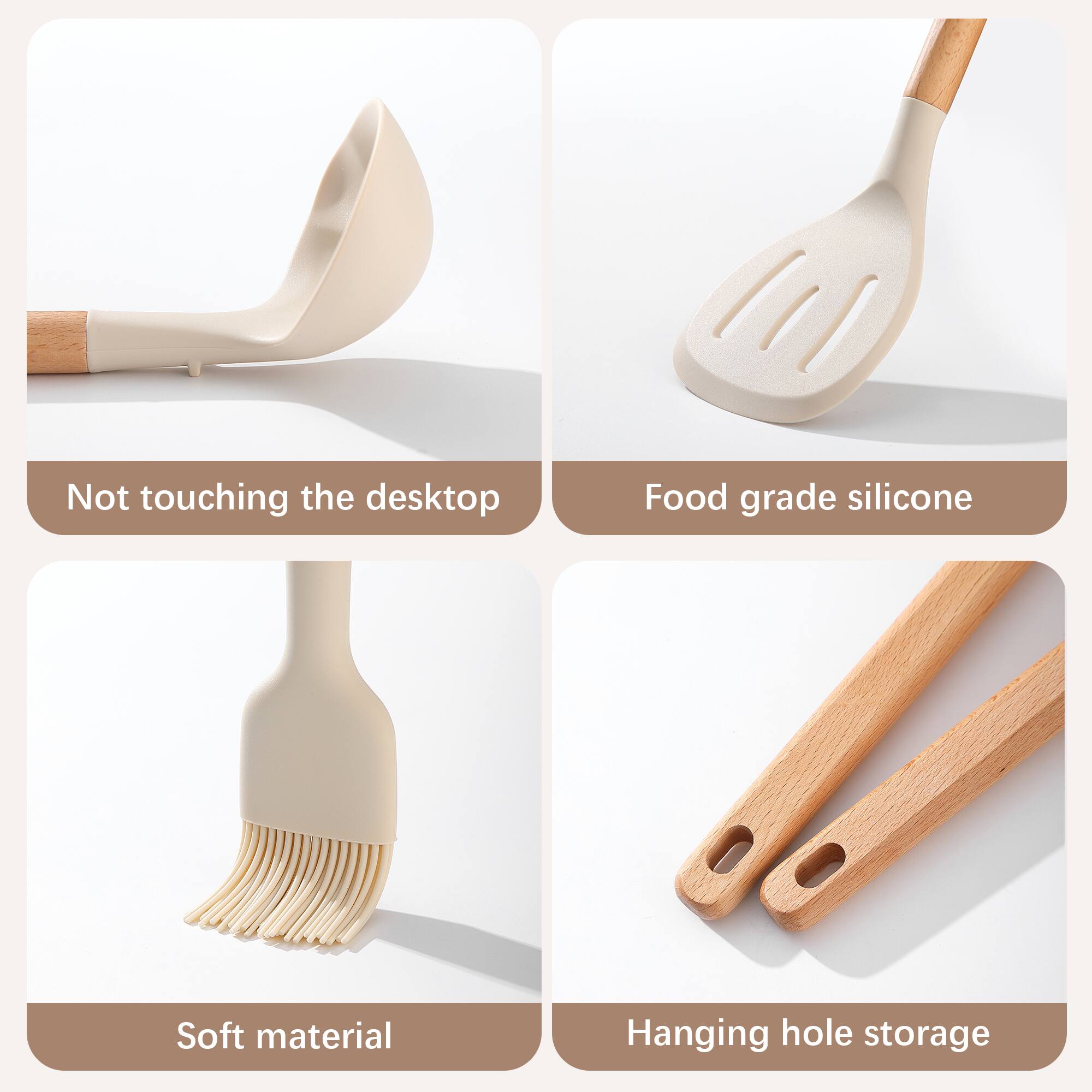 - Not touching the desktop
- Food grade silicone
- Soft material
- Hanging hole storage