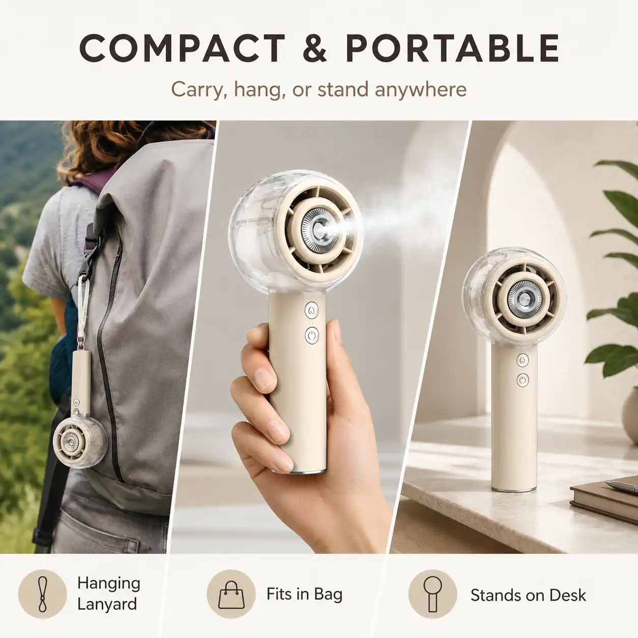 COMPACT & PORTABLE  
Carry, hang, or stand anywhere  

- Hanging Lanyard  
- Fits in Bag  
- Stands on Desk