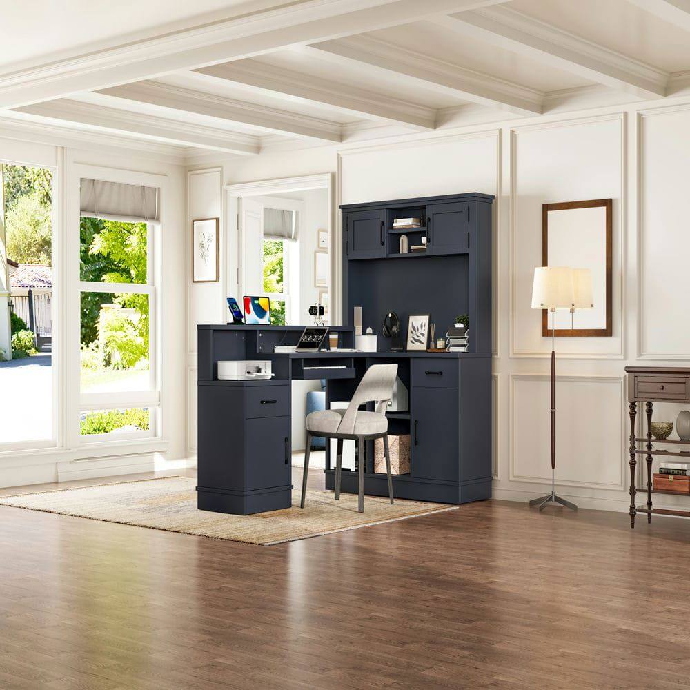 Back. Kadyn - L-Shaped Computer Corner Desk with Outlet, Drawers & Bookshelf, Gaming Study Writing Desk, Blue - Blue.