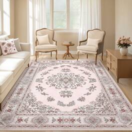 Yardgrace - 5' x 7' ft Washable Bohemian-Style Rug With Non-Slip Backing; Non-Slip Indoor Rug, Perfect For The Bedroom - Light Pink