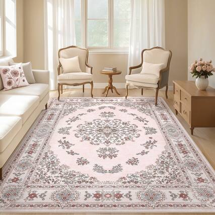 Front. Yardgrace - 5' x 7' ft Washable Bohemian-Style Rug With Non-Slip Backing; Non-Slip Indoor Rug, Perfect For The Bedroom - Light Pink.