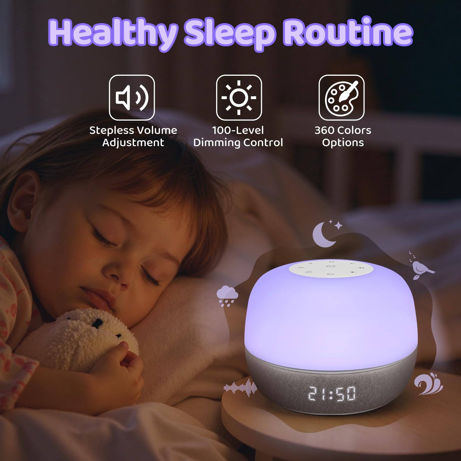 Healthy Sleep Routine

- Stepless Volume Adjustment
- 100-Level Dimming Control
- 360 Colors Options

21:50