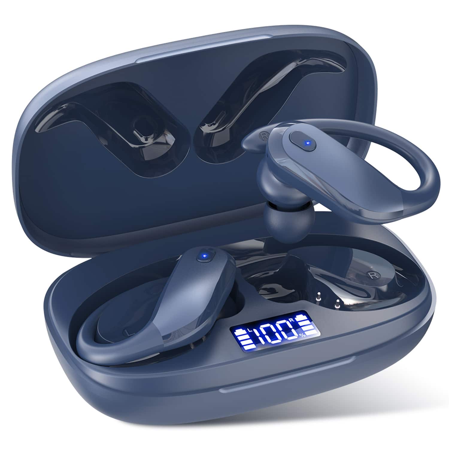 Breezio - Sports Wireless Earbuds Bluetooth 5.4 Earhooks, 80H Playtime, Noise Cancelling Mic, IPX7 Waterproof - Darkblue