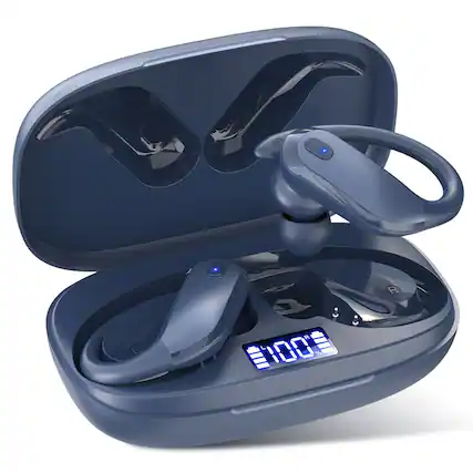 Front. Breezio - Sports Wireless Earbuds Bluetooth 5.4 Earhooks, 80H Playtime, Noise Cancelling Mic, IPX7 Waterproof - Darkblue.