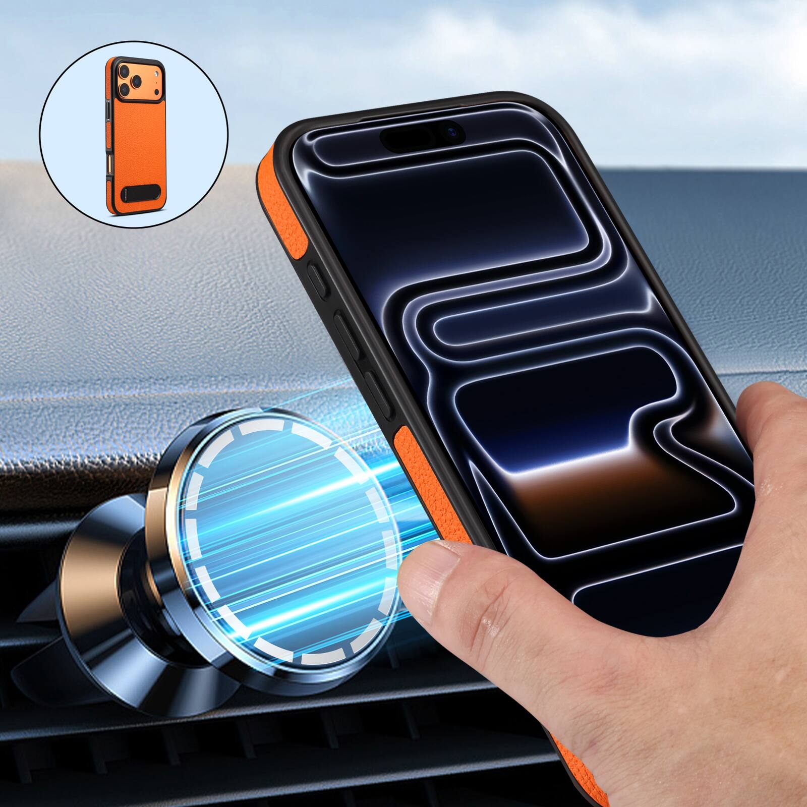 Alt View 1. Dteck - for Apple iPhone 17 Pro Magnetic Case with Built-in Hidden Kickstand,Lychee Texture Shockproof Protective Cover - Orange.