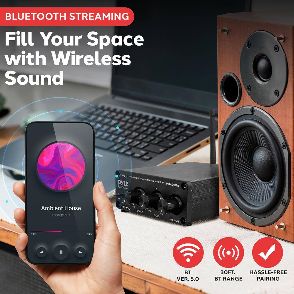 BLUETOOTH STREAMING  
Fill Your Space with Wireless Sound  

Ambient House  
Lounge hits  

147  
3:25  

BT VER. 5.0  
30FT. BT RANGE  
HASSLE-FREE PAIRING