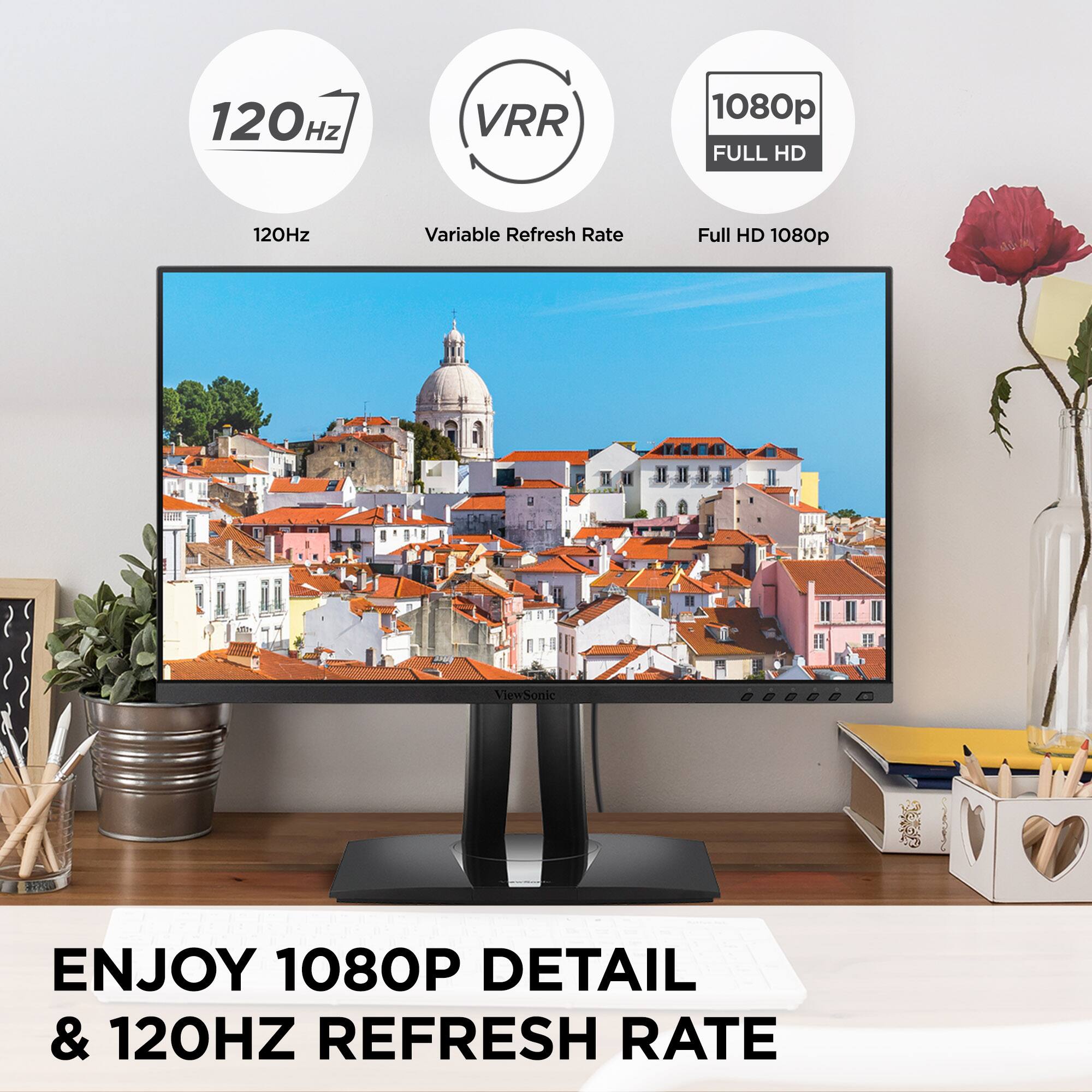 The text on the image is grouped as follows:

1. 120 Hz VRR 1080p FULL HD: This phrase is describing the monitor's refresh rate and resolution.
2. 120Hz Variable Refresh Rate Full HD 1080p: This phrase is also describing the monitor's refresh rate and resolution.
3. ViewSonic ENJOY 1080P DETAIL & 120HZ REFRESH RATE: This phrase is promoting the monitor's features, such as its ability to display 1080p detail and a 120Hz refresh rate.