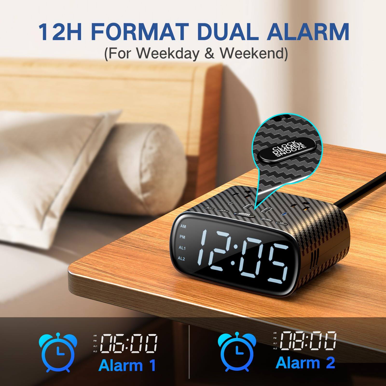 12H FORMAT DUAL ALARM (For Weekday & Weekend)

AM PM
AL1 AL2

12:05

06:00 Alarm 1
08:00 Alarm 2