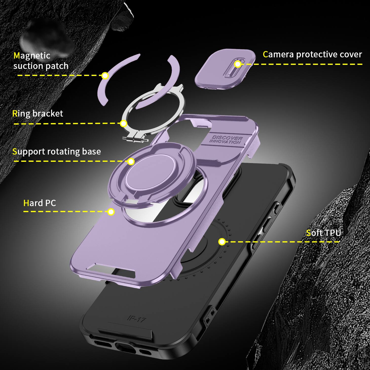 Magnetic suction patch  
Camera protective cover  
Ring bracket  
Support rotating base  
Hard PC  
Soft TPU  
DISCOVER INNOVATION  
IP-17