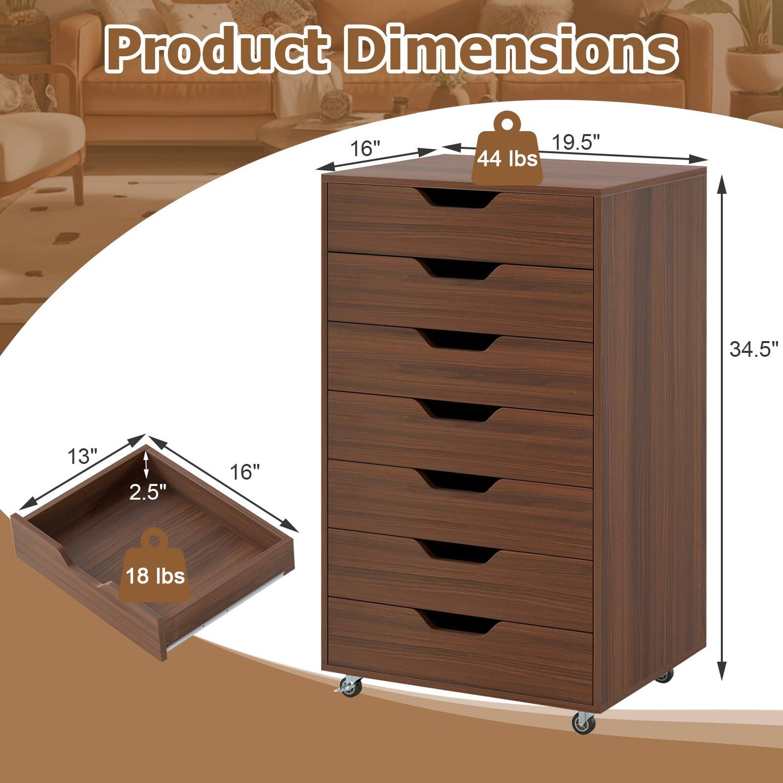 Product Dimensions: 16" x 19.5" x 34.5"  
Weight: 44 lbs  
Drawer Dimensions: 16" x 13" x 2.5"  
Drawer Weight Capacity: 18 lbs