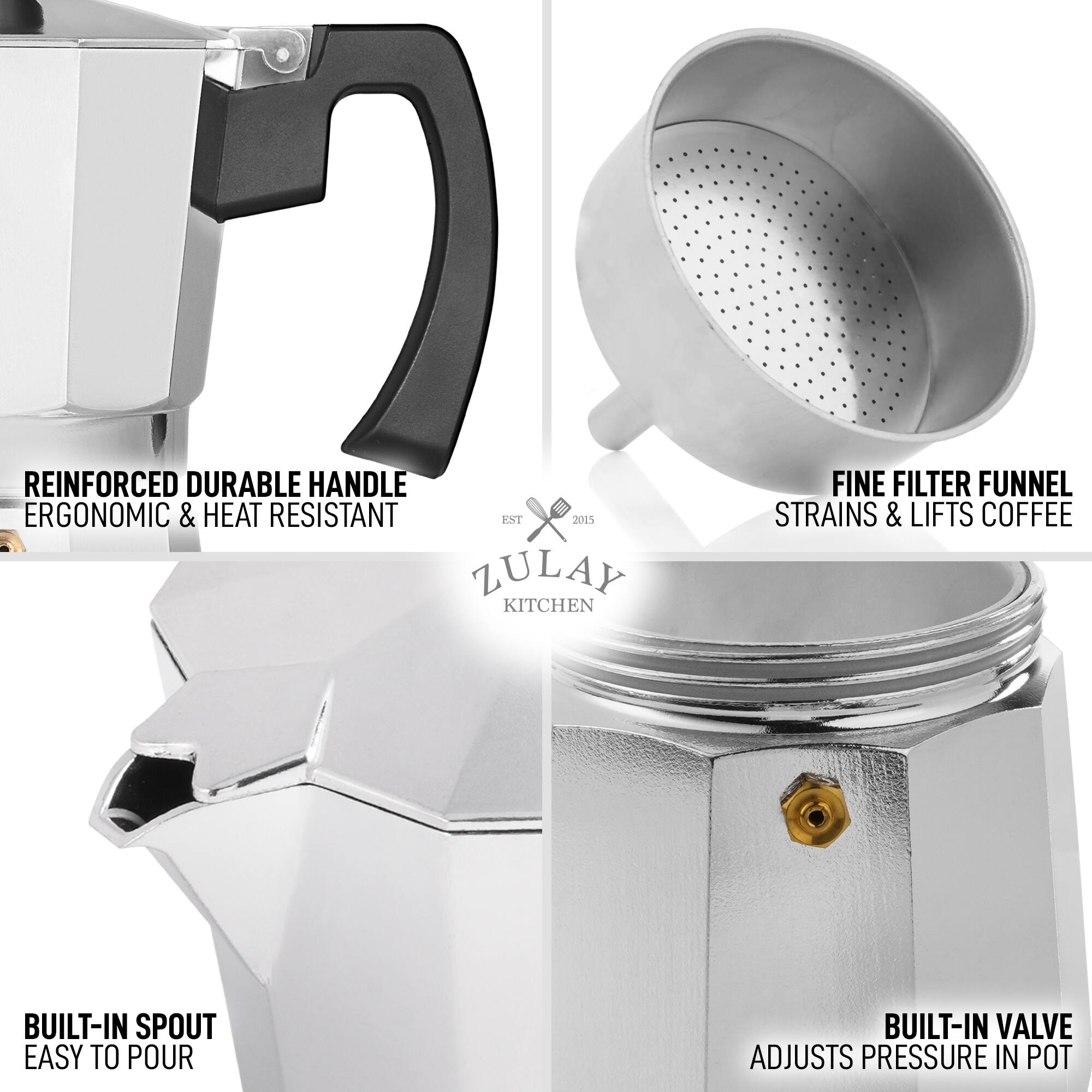 REINFORCED DURABLE HANDLE  
ERGONOMIC & HEAT RESISTANT  

FINE FILTER FUNNEL  
STRAINS & LIFTS COFFEE  

BUILT-IN SPOUT  
EASY TO POUR  

BUILT-IN VALVE  
ADJUSTS PRESSURE IN POT