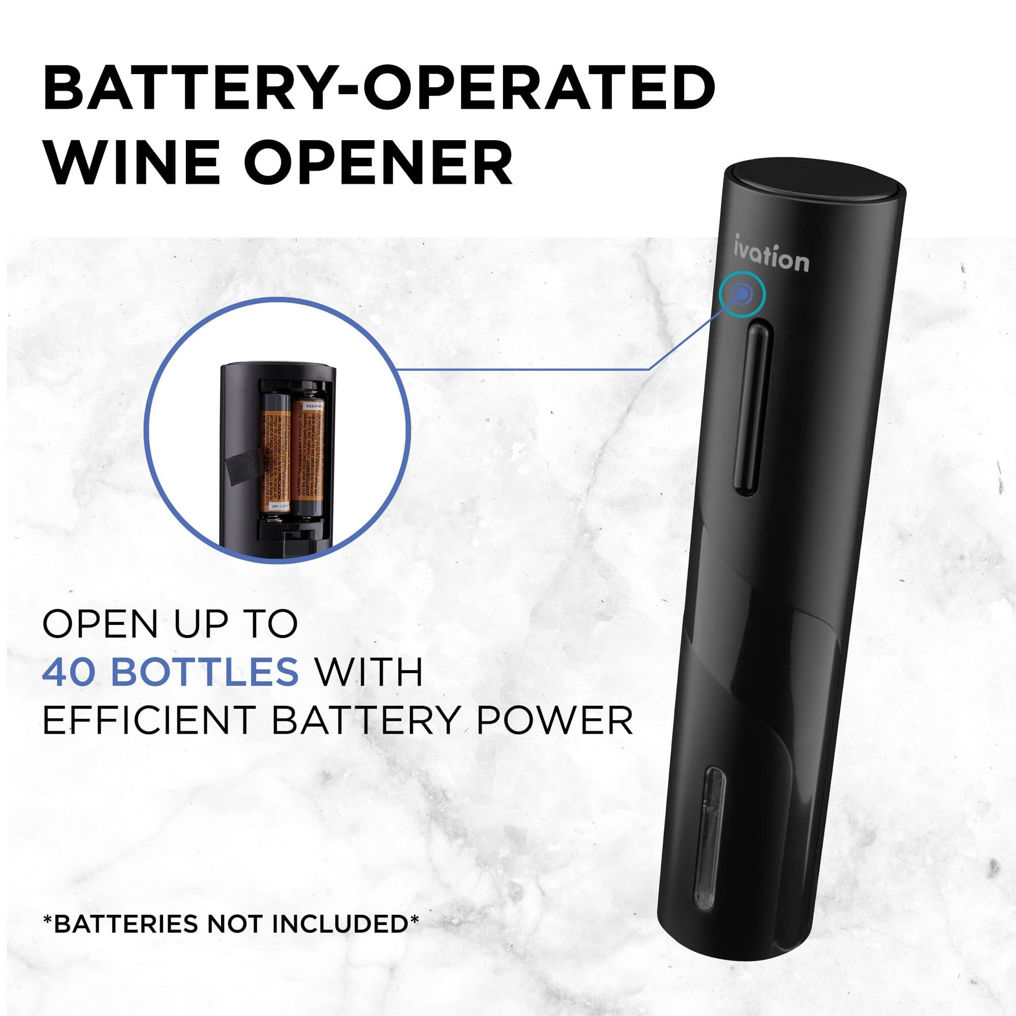 BATTERY-OPERATED WINE OPENER

ivation

OPEN UP TO 40 BOTTLES WITH EFFICIENT BATTERY POWER

*BATTERIES NOT INCLUDED*