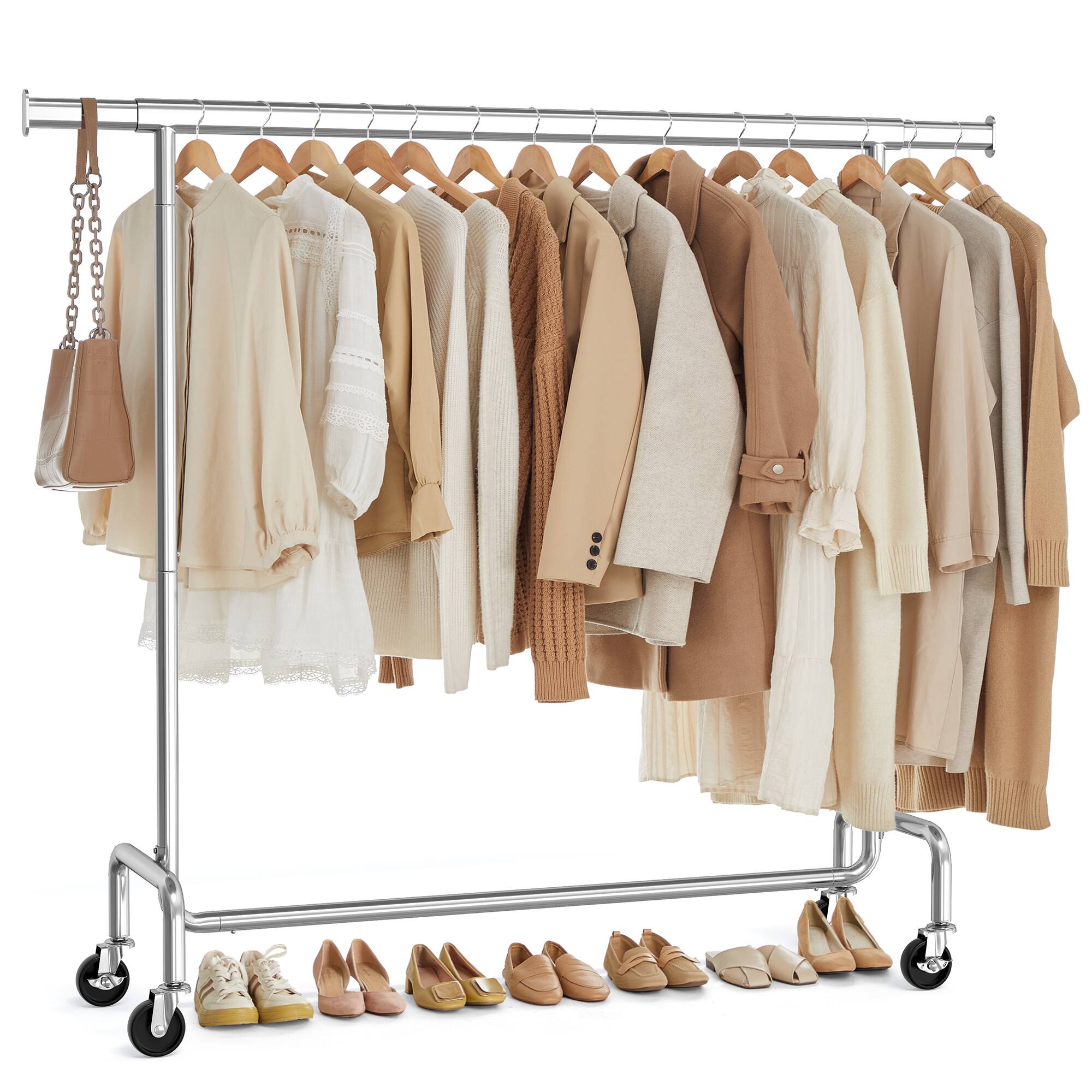 Front. Songmics Home - Clothes Rack with Wheels, Heavy-Duty Garment Rack with Extendable Hanging Rod, 286.6 lb Load Capacity, Clothing Rack - Silver.