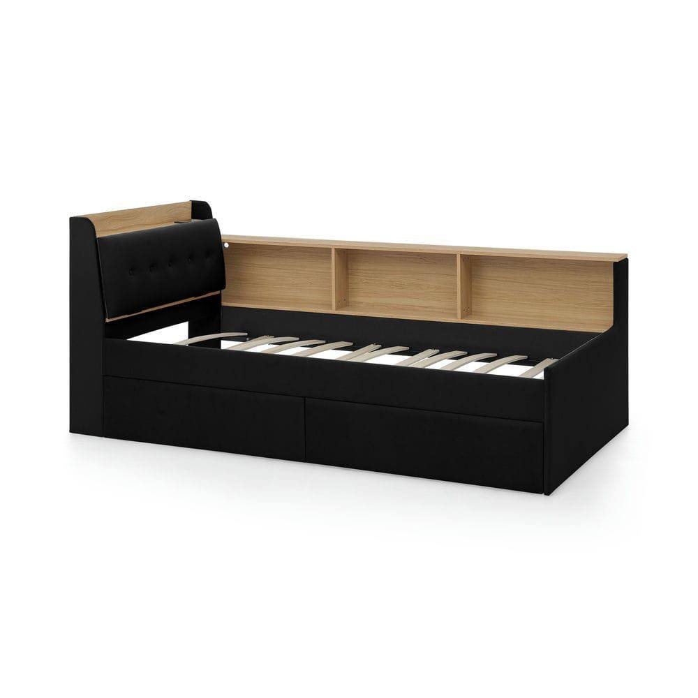 Alt View 7. Kadyn - Twin Size Upholstered Velvet Daybed with Storage Headboard, Wireless Charging, 2 Drawers & LED Lights - Black.