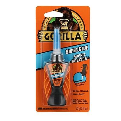 Sure, here is the corrected and grouped text:

---

**Gorilla Super Glue Micro Precise**

- **Strong**
- **Micro Precise Dispensing Set**
- **Dries in 10 Seconds**
- **Impact-Tough**
- **Works on:**
  - Wood
  - Ceramic
  - Rubber
  - Paper
- **5.5 g (0.19 oz)**

---

This text is derived from the packaging of the Gorilla Super Glue Micro Precise product.