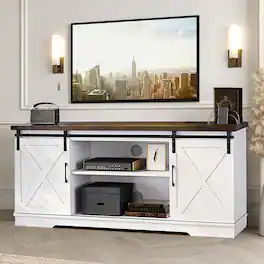 Qeetex - 59" Farmhouse TV Stand for 65 Inch TV, Sliding Barn Doors, Adjustable Shelves & Media Console Storage - White