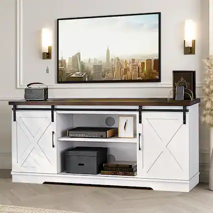 Front. Qeetex - 59" Farmhouse TV Stand for 65 Inch TV, Sliding Barn Doors, Adjustable Shelves & Media Console Storage - White.