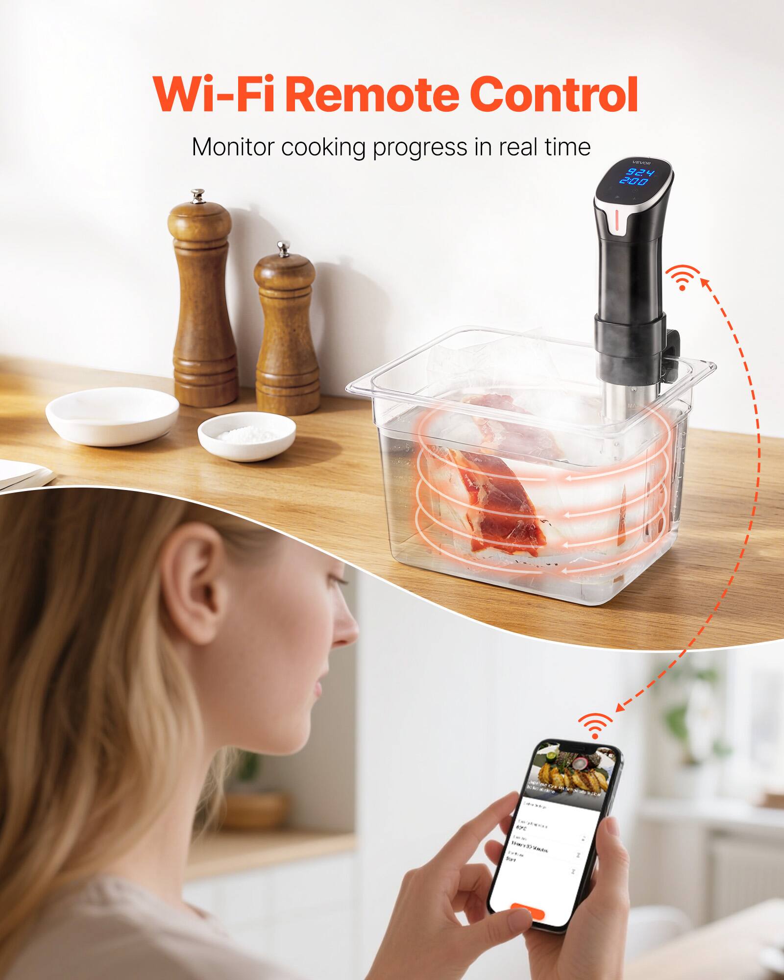 Wi-Fi Remote Control  
Monitor cooking progress in real time  

PANDA 924 2:00  

apea Leaves KING 100g(1,,,.00 TOME Drea's33-Vados I Son I