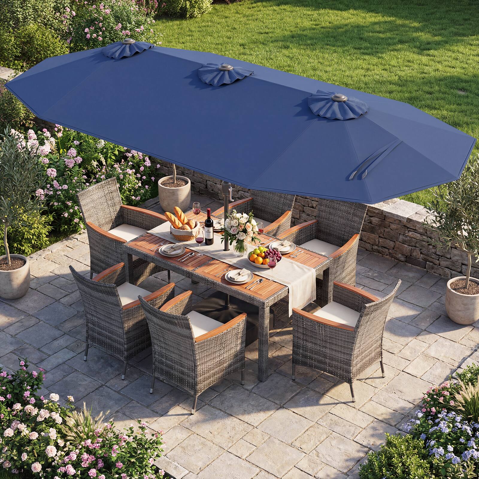 Alt View 1. Gymax - Gymax 8-Piece Patio Dining Set w/ Double-Sided Market Umbrella Acacia Wood Top Navy - Blue.