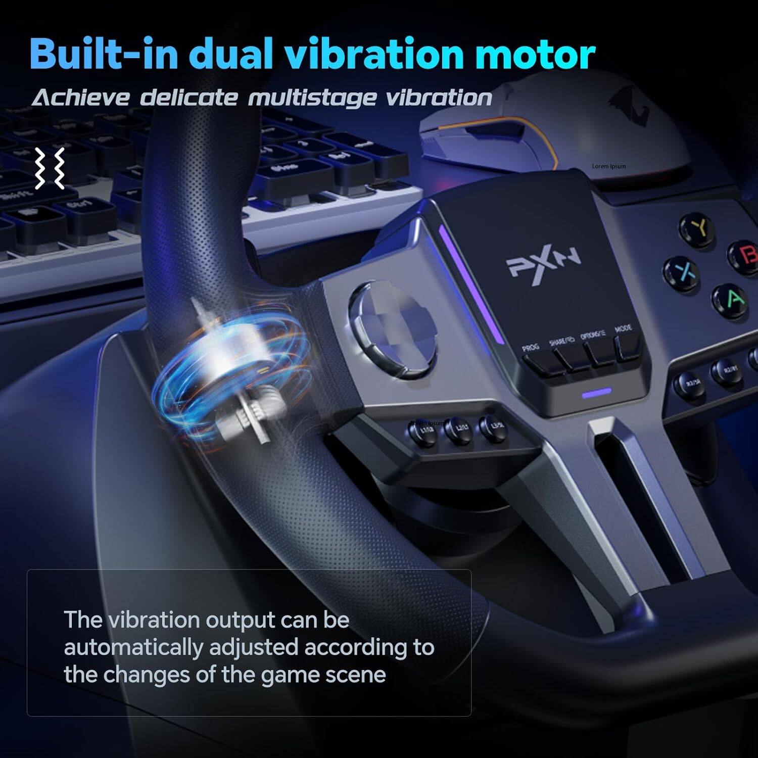 Built-in dual vibration motor  
Achieve delicate multistage vibration  

The vibration output can be automatically adjusted according to the changes of the game scene