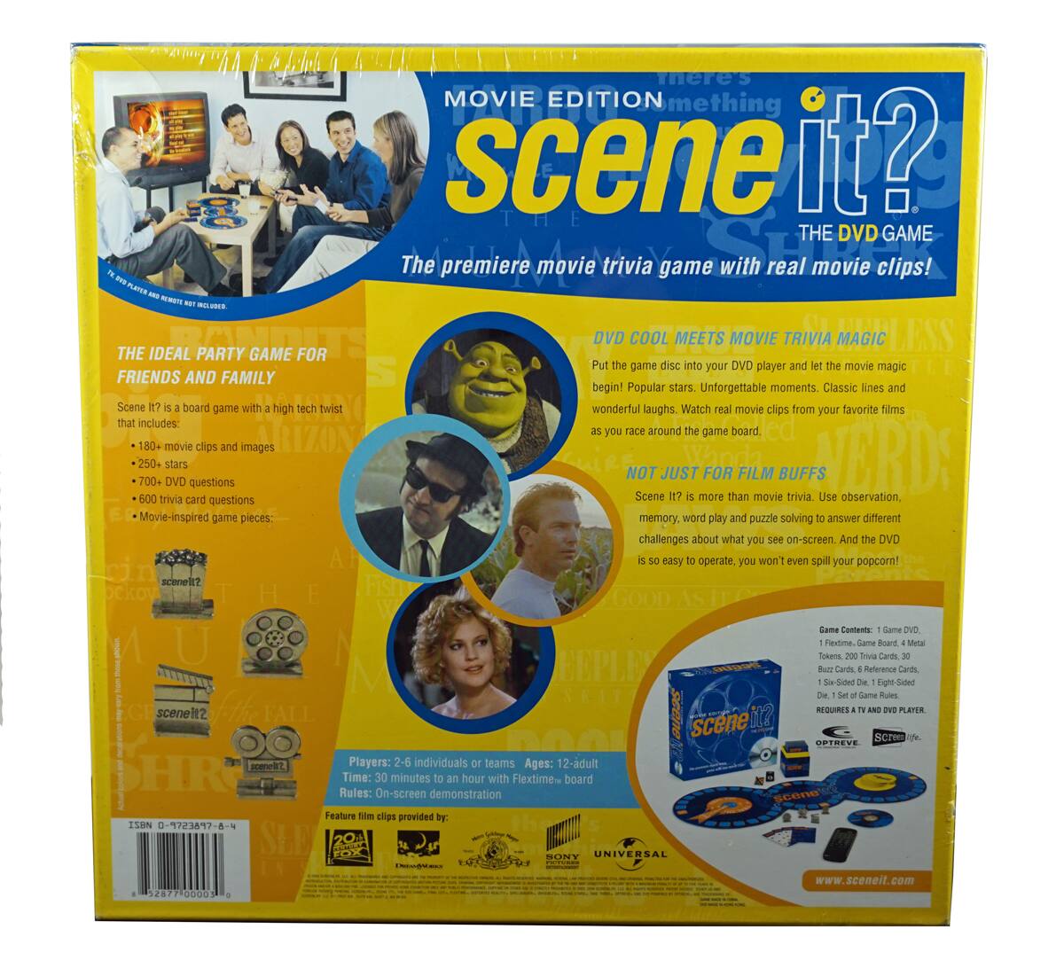 **MOVIE EDITION**  
**scene it?**  
**THE DVD GAME**  
**The premiere movie trivia game with real movie clips!**

---

**THE IDEAL PARTY GAME FOR FRIENDS AND FAMILY**

**Scene it?** is a board game with a high tech twist that includes:

- 180+ movie clips and images
- 250+ stars
- 700+ DVD questions
- 600 trivia card questions
- Movie-inspired game pieces

---

**DVD COOL MEETS MOVIE TRIVIA MAGIC**

Put the game disc into your DVD player and let the movie magic begin! Popular stars. Unforgettable moments. Classic lines and wonderful laughs. Watch real movie clips from your favorite films as you race around the game board.

**NOT JUST FOR FILM BUFFS**

Scene it? is more than movie trivia. Use observation, memory, word play and puzzle solving to answer different challenges about what you see on-screen. And the DVD is so easy to operate, you won't even spill your popcorn!

---

**Players:** 2-6 individuals or teams  
**Ages:** 12-adult  
**Time:** 30 minutes to an hour with Flexibility

**Rules