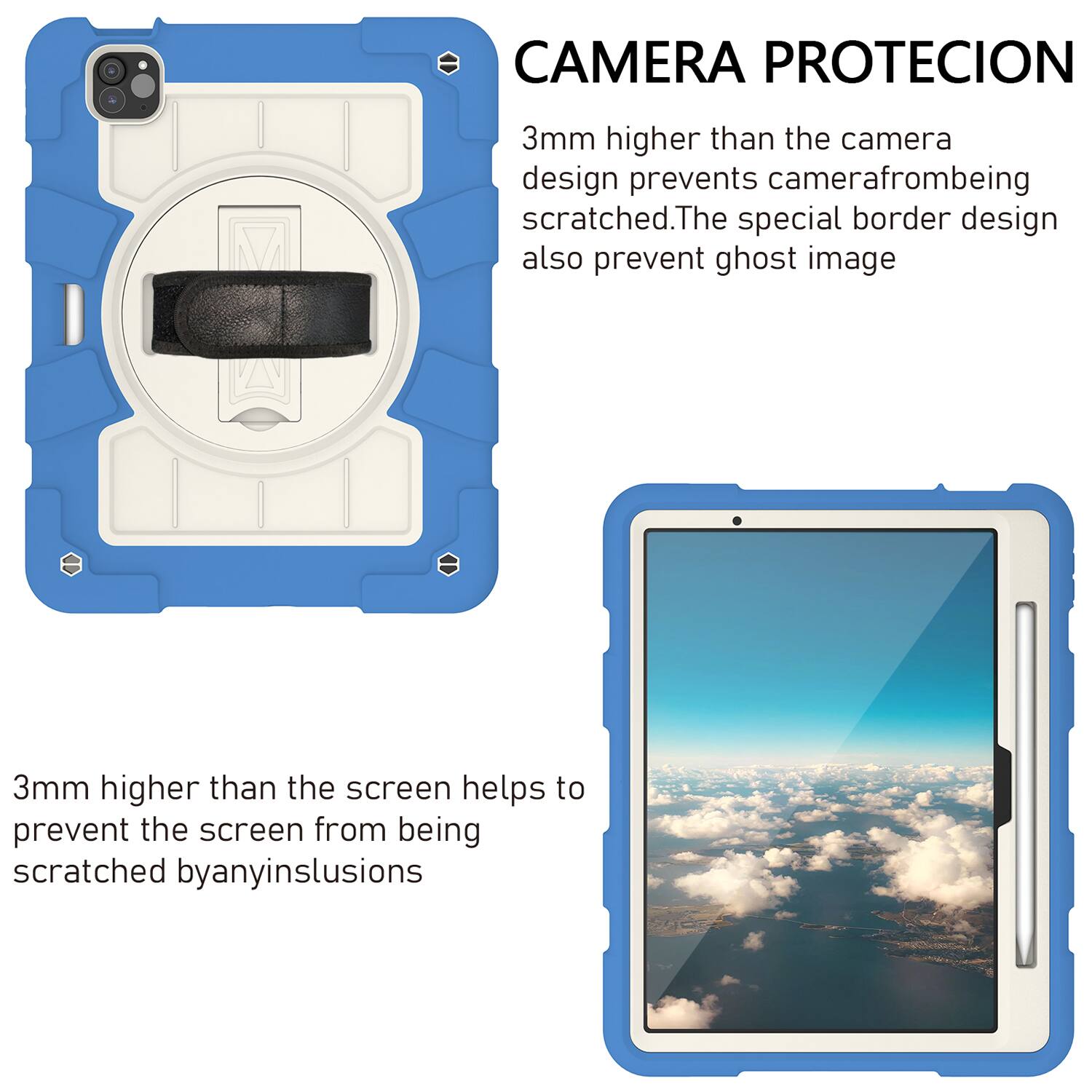 CAMERA PROTECION  
3mm higher than the camera design prevents camera from being scratched. The special border design also prevents ghost image.  

3mm higher than the screen helps to prevent the screen from being scratched by any inclusions.