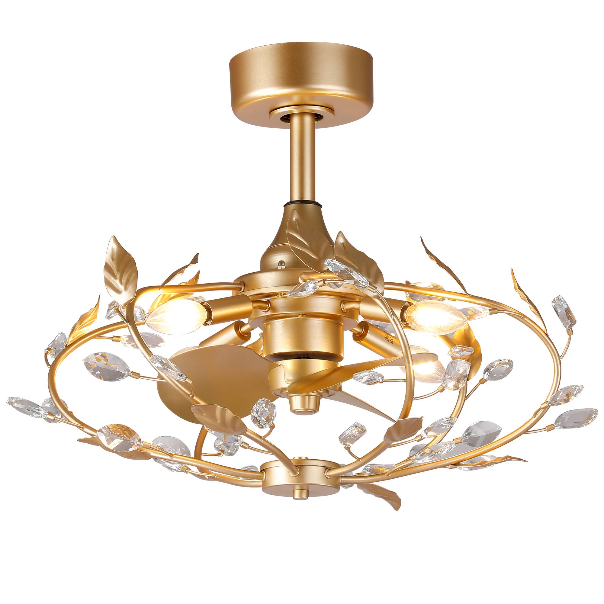 Alt View 5. Parrot Uncle - 24" French Elegant Gold Crystal Leaf Fandelier Ceiling Fan with Remote - Gold.