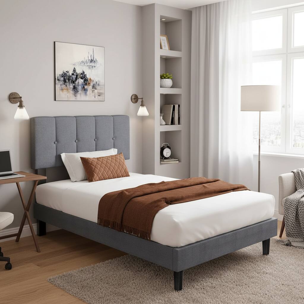 Alt View 4. AOITUN - Twin Size Upholstered Platform Bed Frame, Gray Button Tufted Fabric Headboard, No Box Spring Needed - gray.