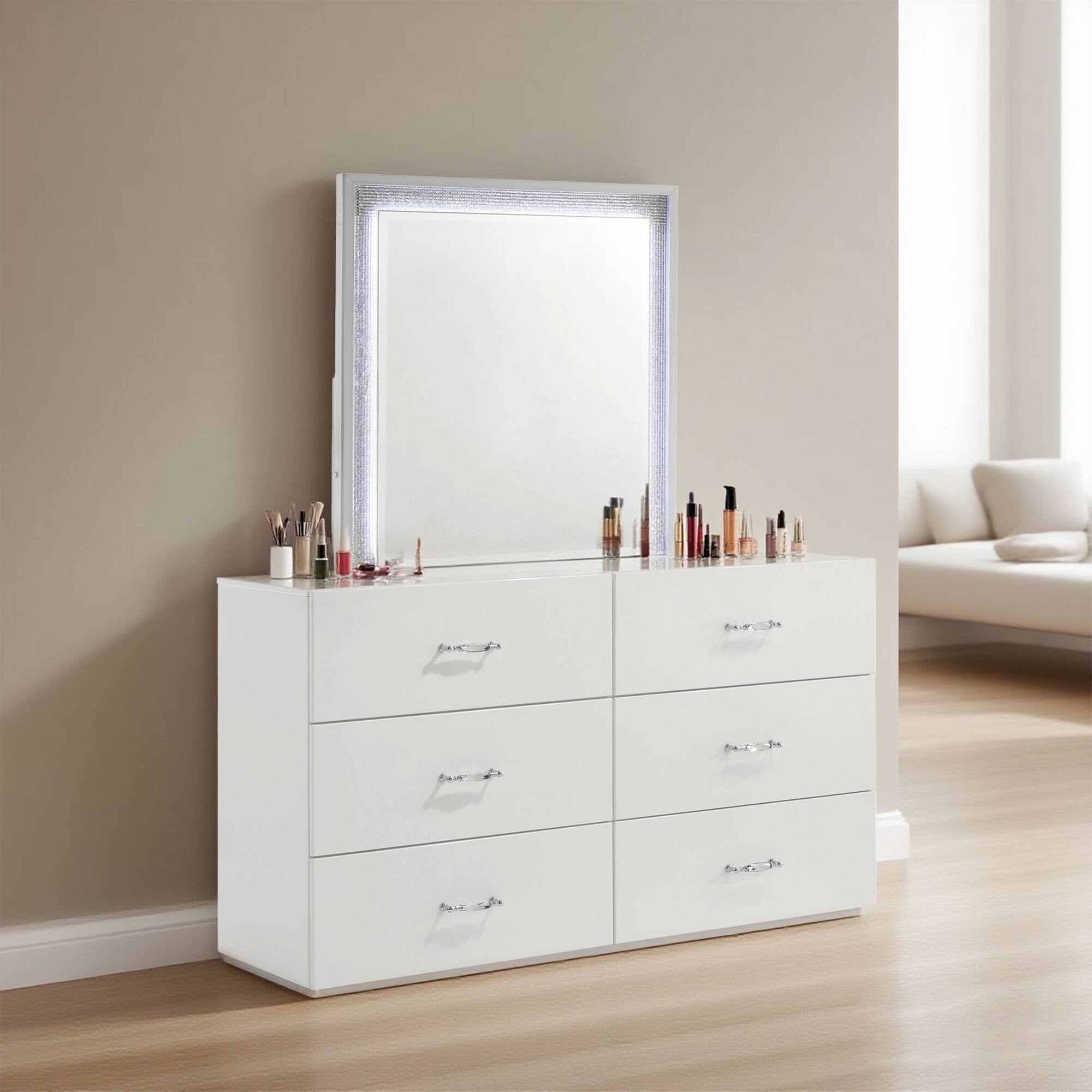 Angle. Vaczon - 6-Drawer Dresser, Wooden Chest of Drawers with Metal Drawer Glides, Storage Cabinet for Living Room, Hallway, Apartment - White.