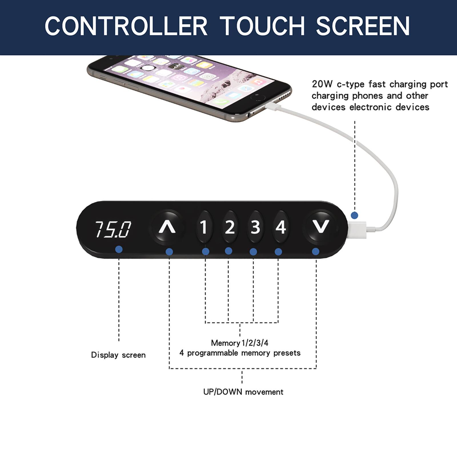CONTROLLER TOUCH SCREEN

20W c-type fast charging port charging phones and other devices electronic devices

75.0

Display screen

Memory 1/2/3/4

4 programmable memory presets

UP/DOWN movement