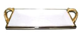 Jiallo - Elegance Gold Feather Ceramic Rectangular Tray with Handle L: 14.25" - Silver, Multi Color