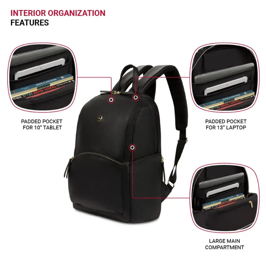 Interior Organization Features:

* Padded pocket for 10" tablet
* Padded pocket for 13" laptop
* Large main compartment
* Travel-ready design
* 90g weight
* 11" x 16" x 6" dimensions