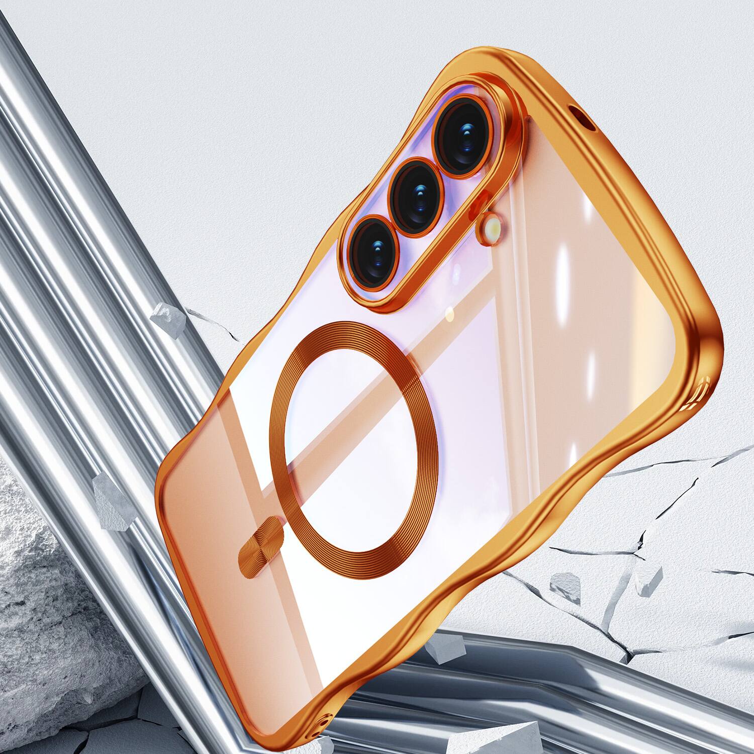Back. Dteck - Magnetic Case Samsung Galaxy S26 Built-in Lens Protector Shockproof Plating Curly Wavy Frame Clear Back Cover - Orange.