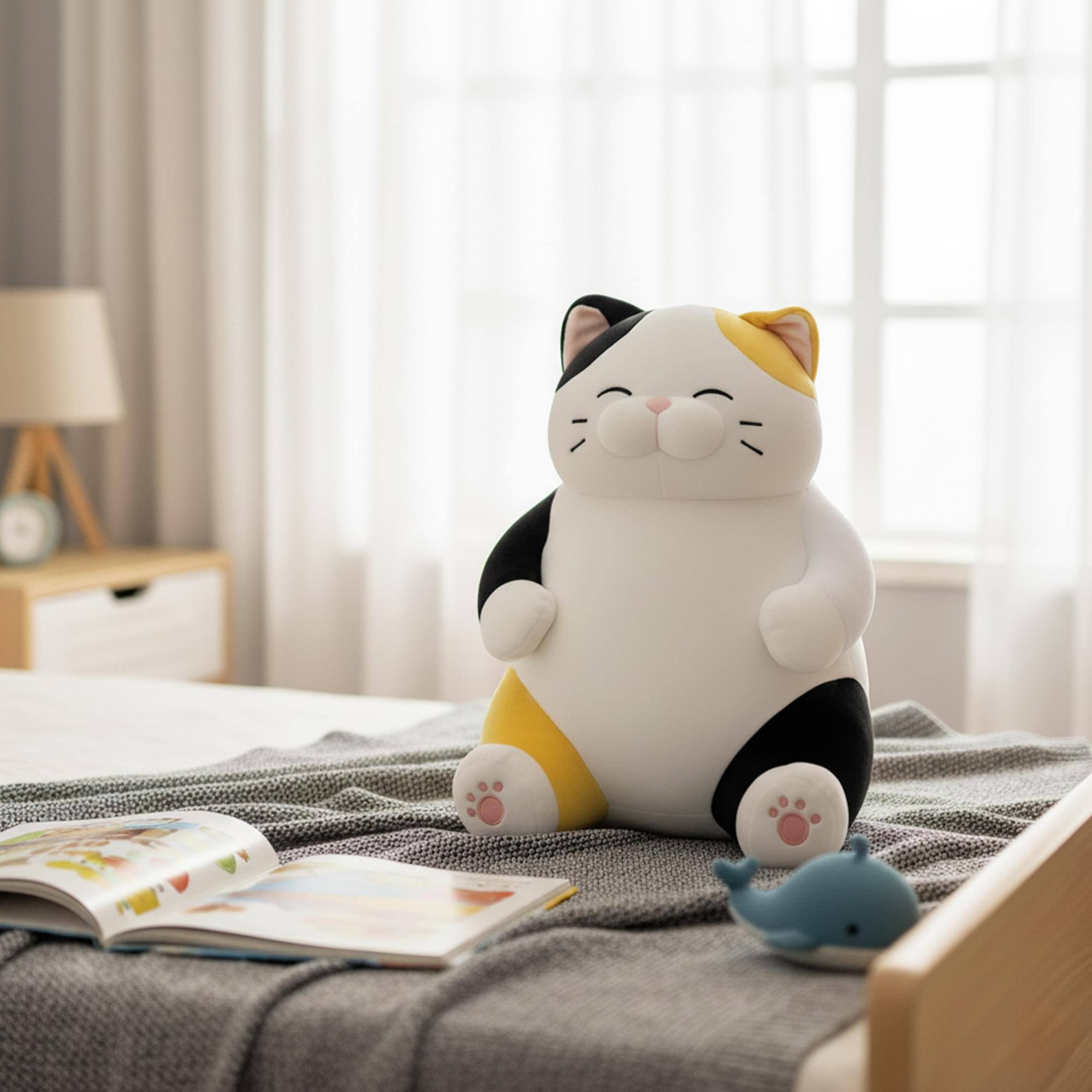 Alt View 3. New Era Distribution - Chubby Meow 12 Inch Plush Pillow | White/Orange/Black - Multi-Colored.
