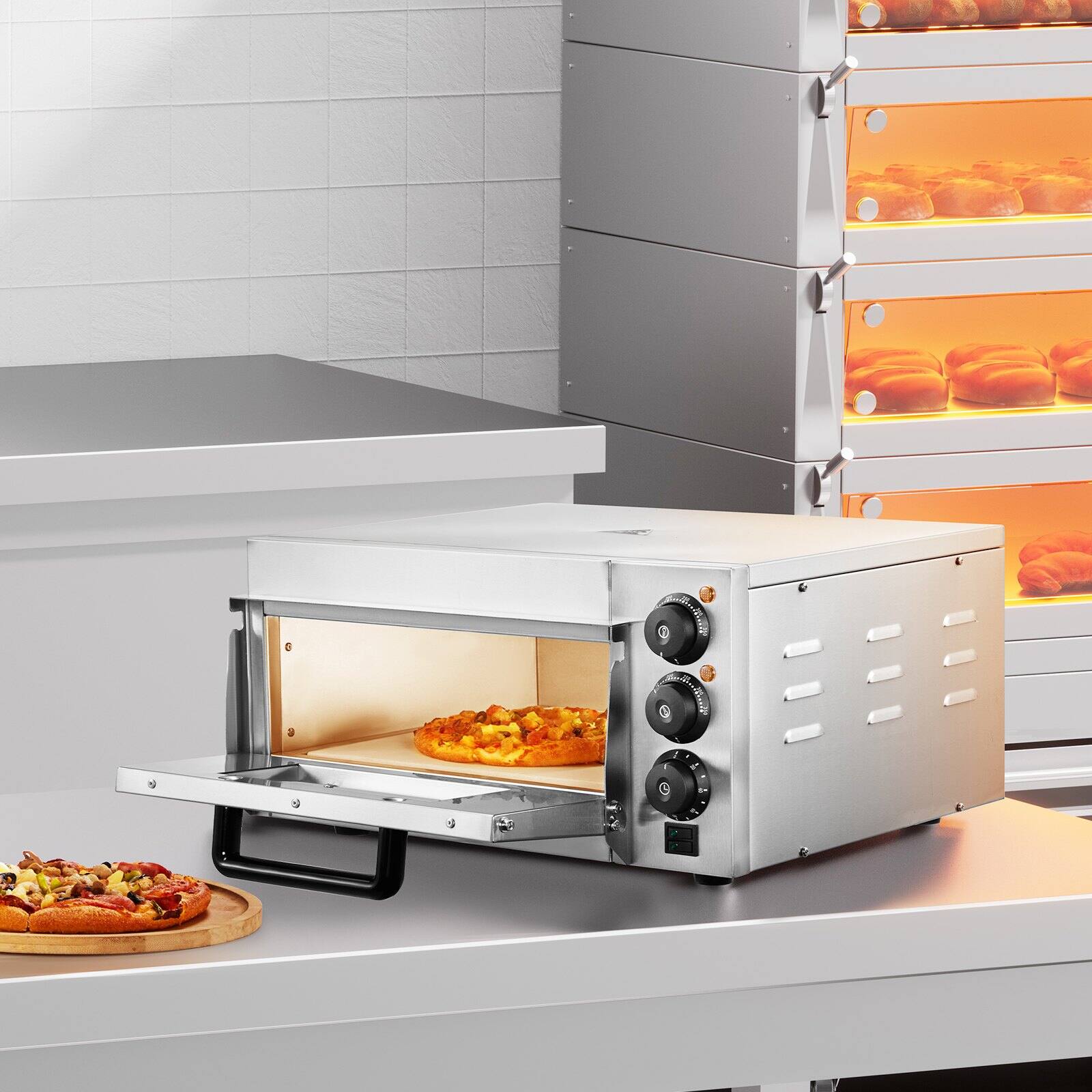 Alt View 1. Glintex - 14in Electric Pizza Oven Countertop, Adjustable Temp for Indoor Cooking and Commercial Kitchen - Silver.