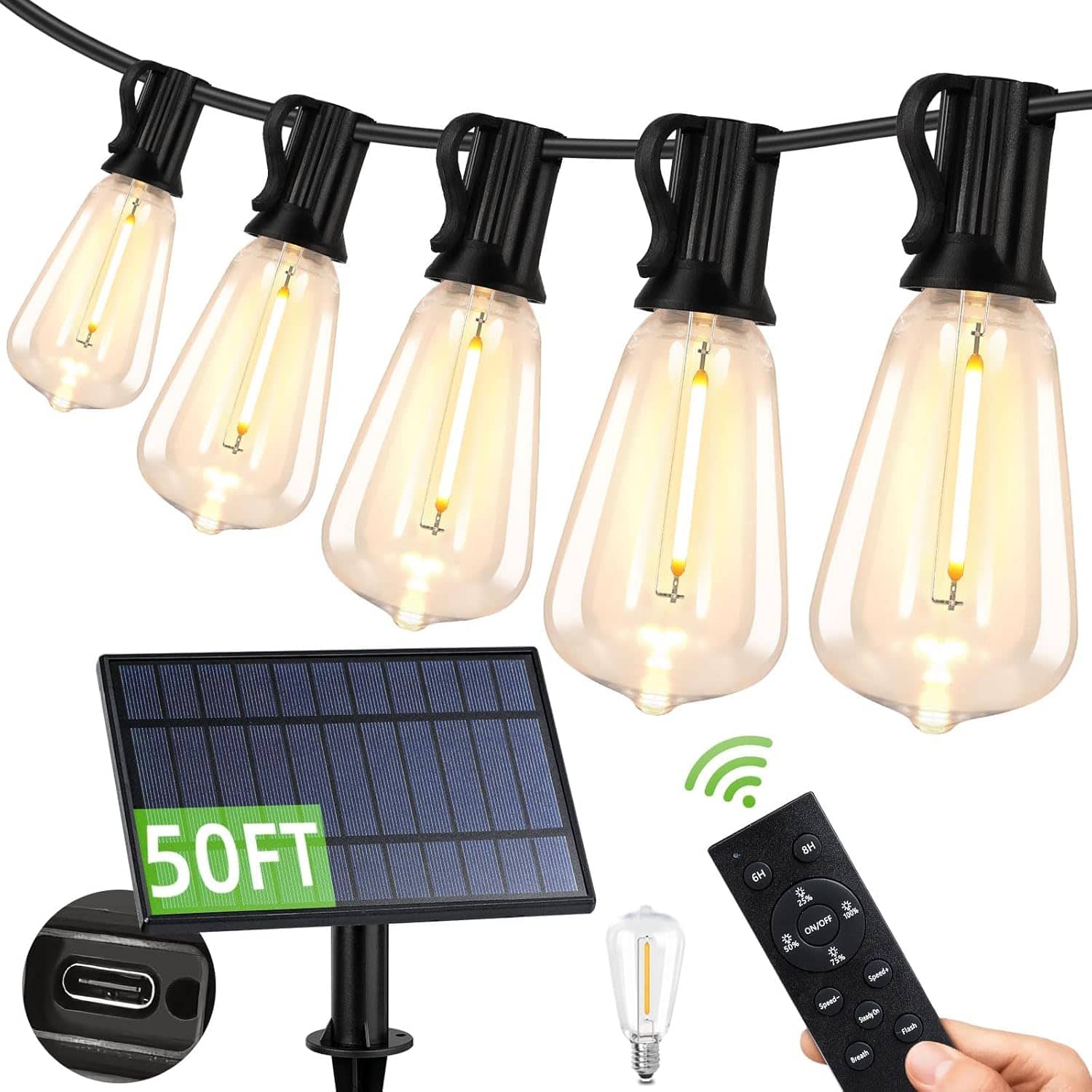 Nordic Hygge - 50FT Solar String Lights Outdoor Waterproof, Hanging Solar Lights with 26 Shatterproof ST38 Bulbs - Warm White