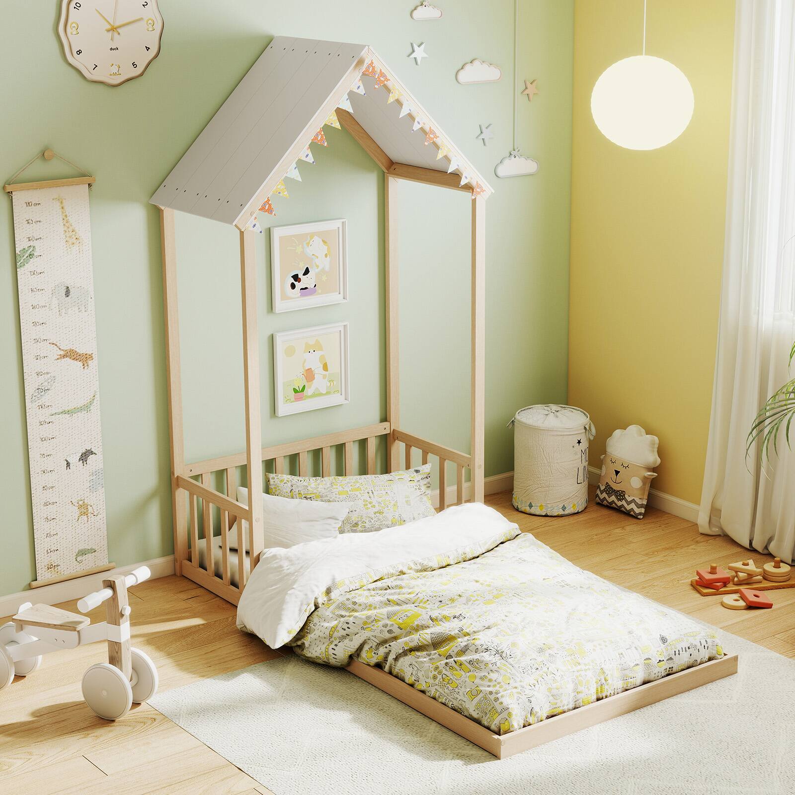 Alt View 1. Costway - Costway Twin Size House Bed Montessori Floor Bed with House Shape Roof & Semi-Fence - Natural.