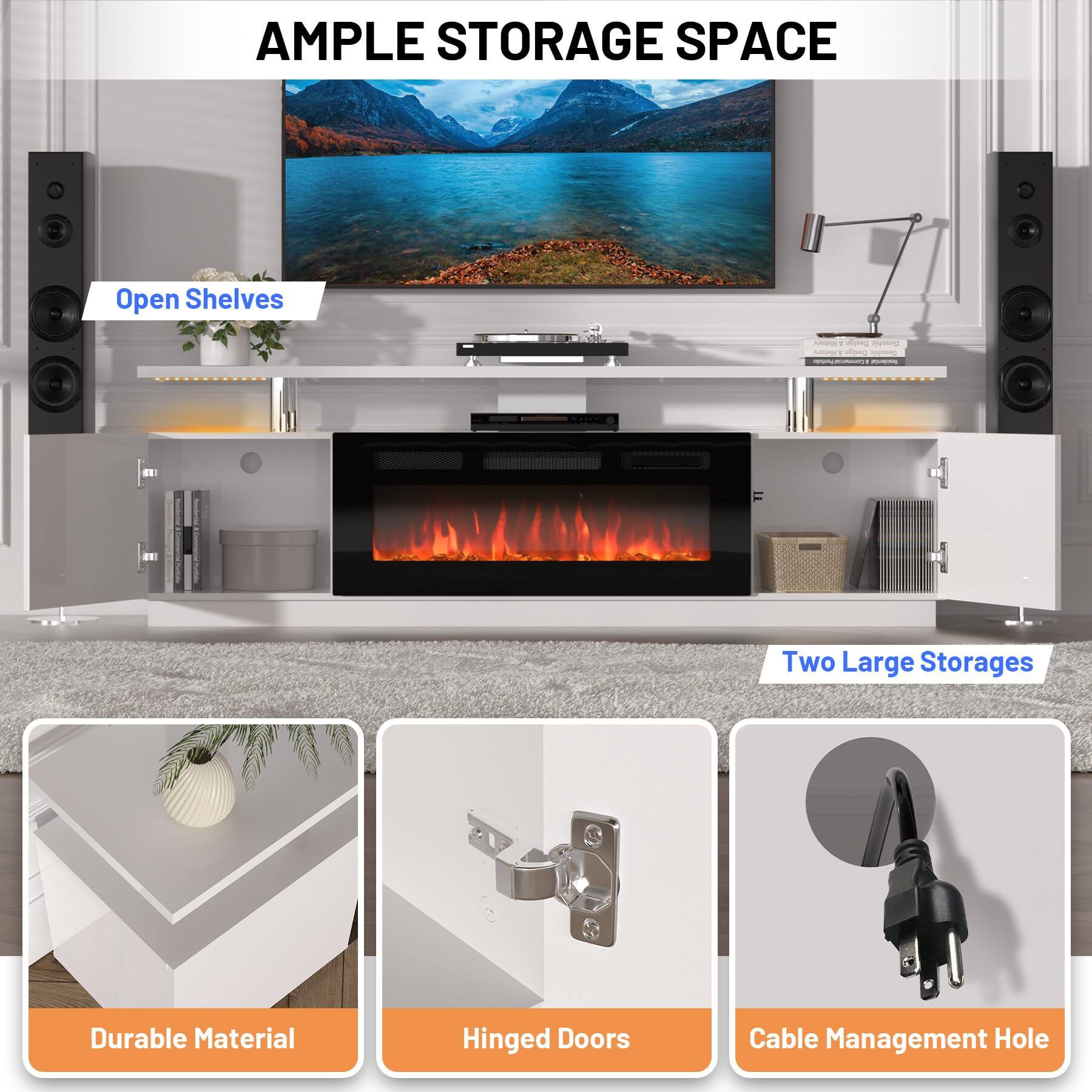 - AMPLE STORAGE SPACE
- Open Shelves
- Two Large Storages
- Durable Material
- Hinged Doors
- Cable Management Hole