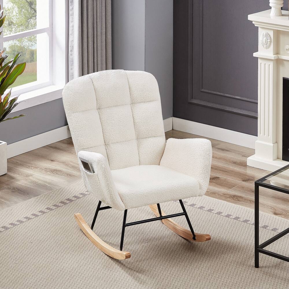 Left. Loheer - Loheer Cream White Teddy Rocking Chair Nursery Accent Armchair - Cream White.