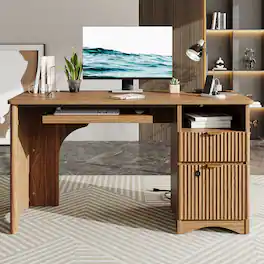 Bestier - 65 Inch Executive Desk with Fingerprint Lock & Built-in Power Outlet, Computer Desk with Drawers for Home Office Desk - Brown Oak