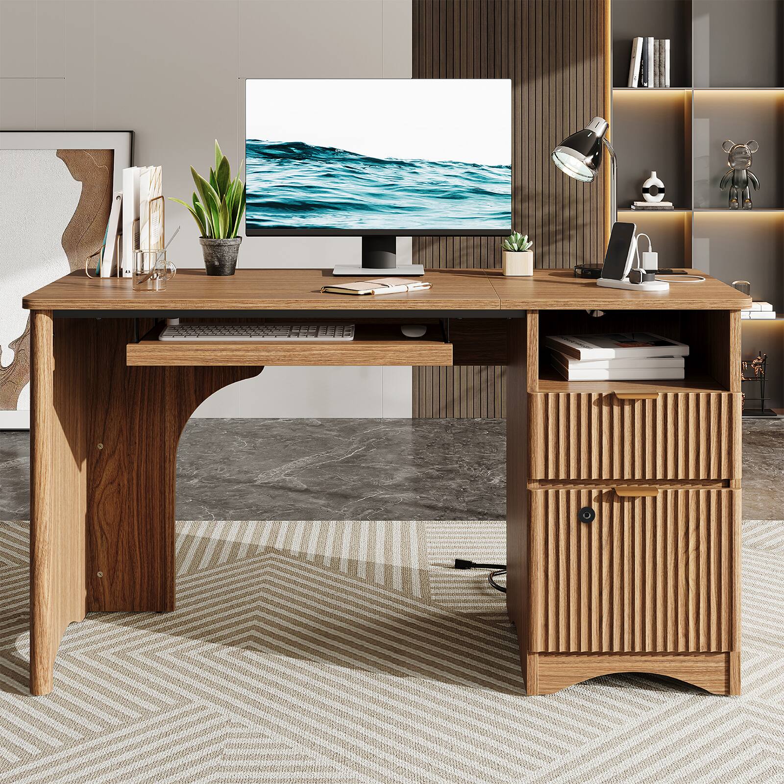 Alt View 4. Bestier - 65 Inch Smart Executive Desk with Fingerprint Lock & Built-in Power Outlet - Brown Oak.