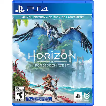 PS4
LAUNCH EDITION • ÉDITION DE LANCEMENT
HORIZON FORBIDDEN WEST
TEEN ADOLESCENTS T ESRB
PS5 Upgrade Available
Mise à niveau PS5 disponible
STUDIOS GUERRILLA - T (Teen 13+)